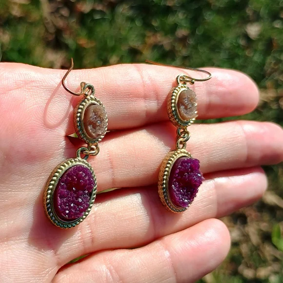 GORGEOUS maroon and mocha, faux druzy double drop earrings, whimsy gothic, boho - Picture 8 of 10